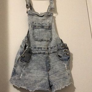 Distressed, Acid-Washed Denim Overall Shorts